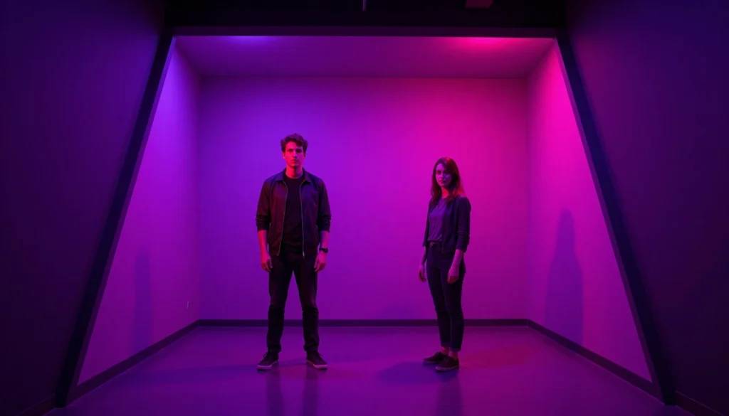 Ames Room Illusion zeigt zwei Personen in stark unterschiedlicher Größe Berlin