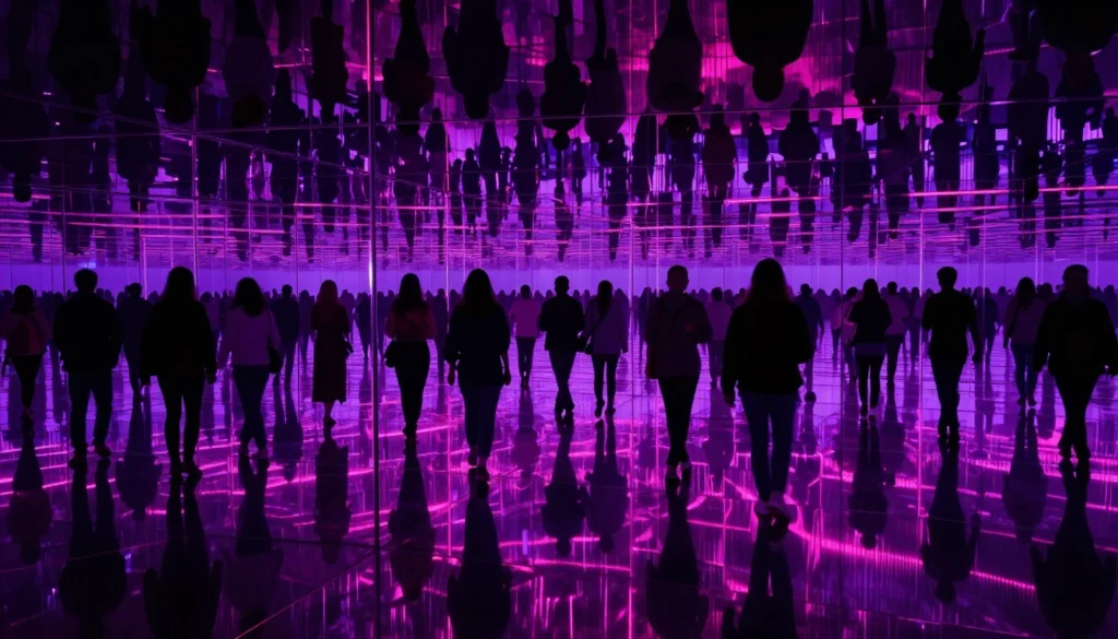 Besucher gehen durch einen leuchtenden Unendlichkeitstunnel im Museum of Illusions Berlin