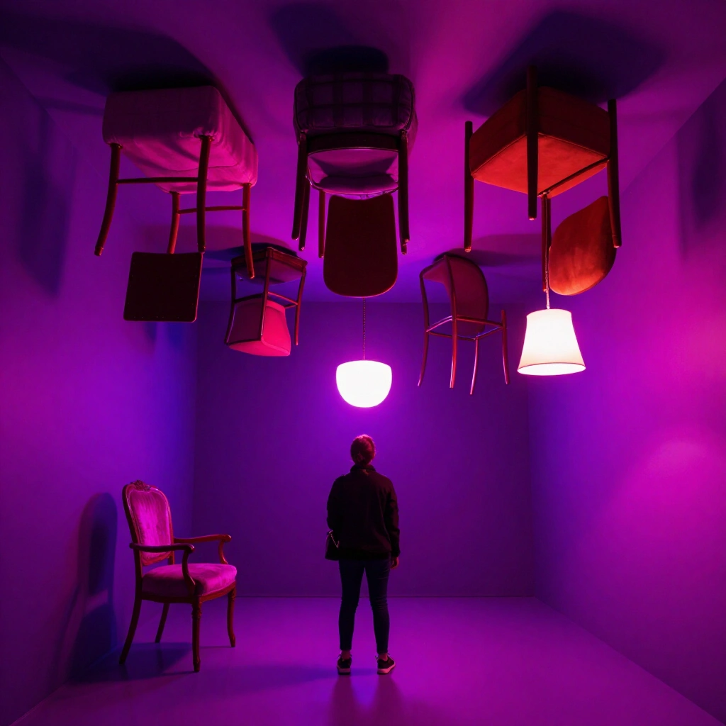 Verkehrt herum eingerichtetes Zimmer in der Upside-Down Room Ausstellung Berlin
